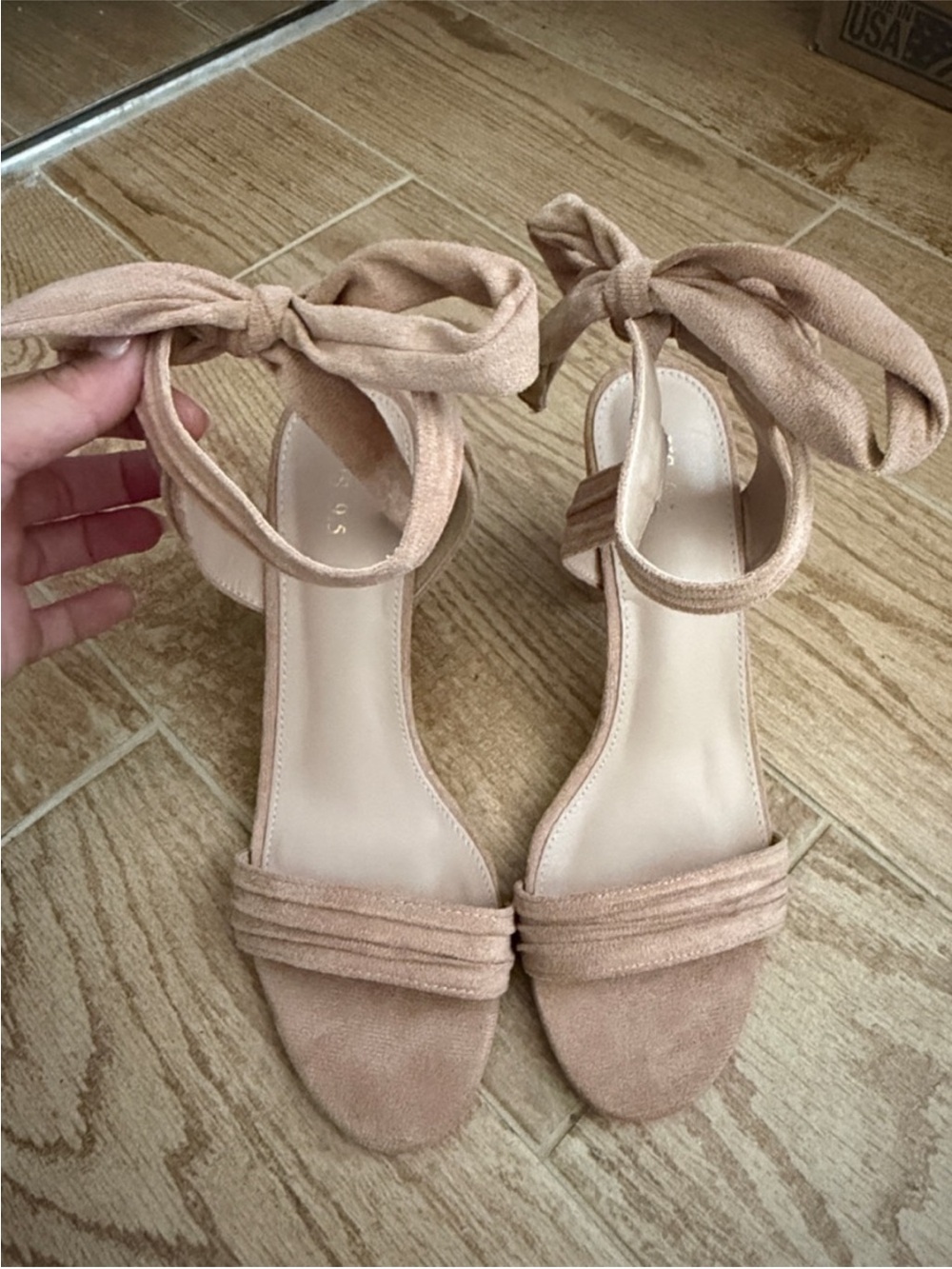 Ankle-Tie Suede Block Heel Sandals in Nude